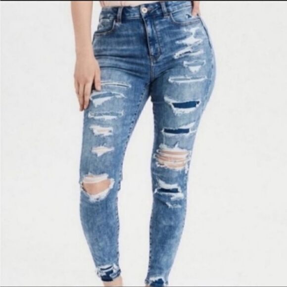 American Eagle Curvy Hi-Rise Jegging Next Level Stretch Jeans Destroyed, 00 Shor - Picture 1 of 12